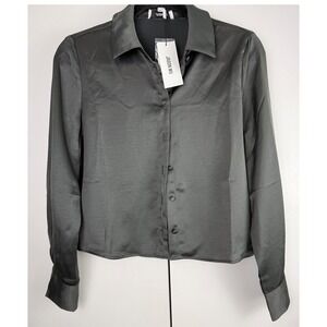 JASON WU Satin Button Up Shirt Dark Forest Green Long Sleeve Blouse Top S P